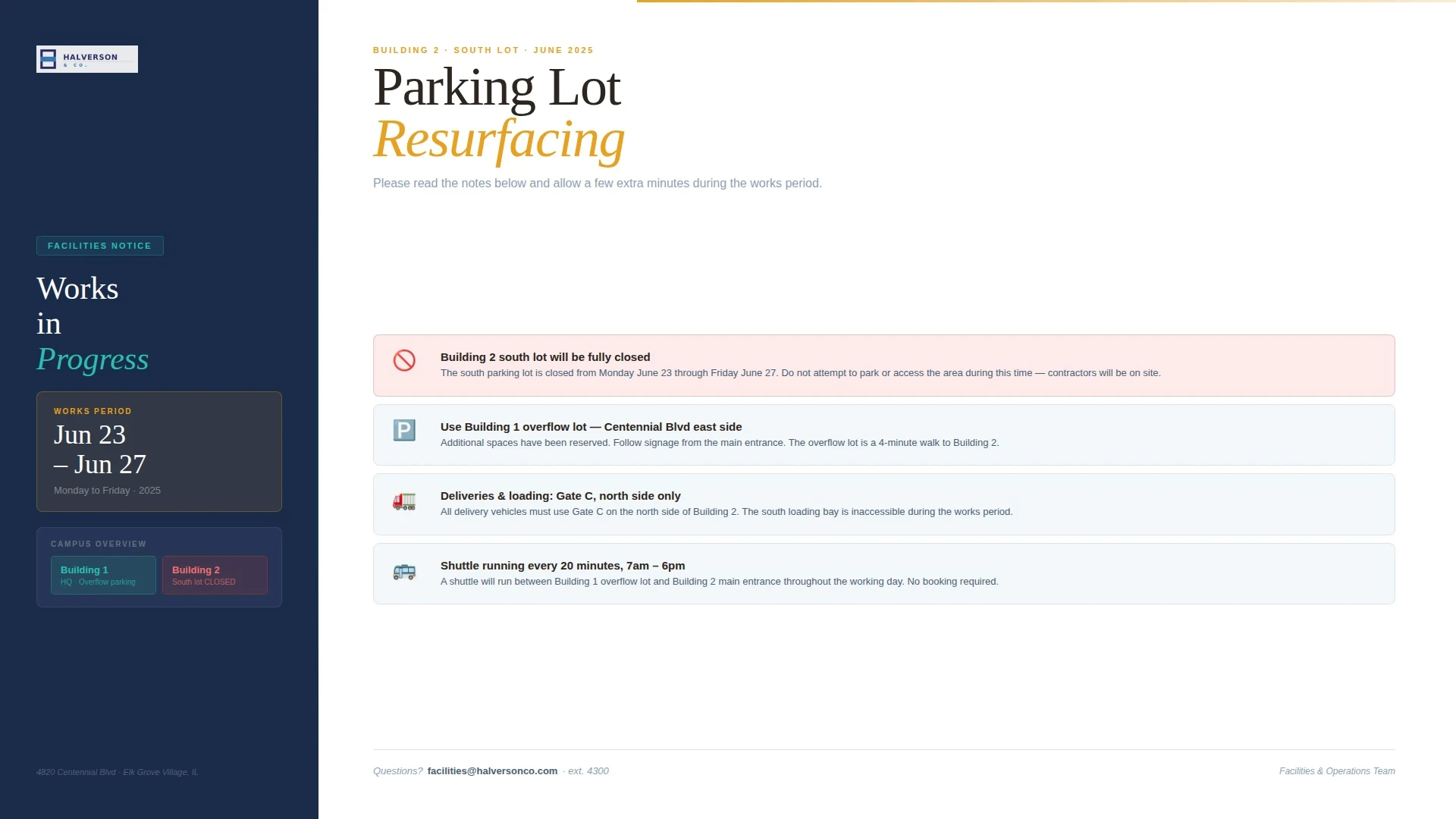 Facilities notice slide showing parking lot resurfacing details with a Fugo casting link bar at the bottom inviting anyone in the room to cast