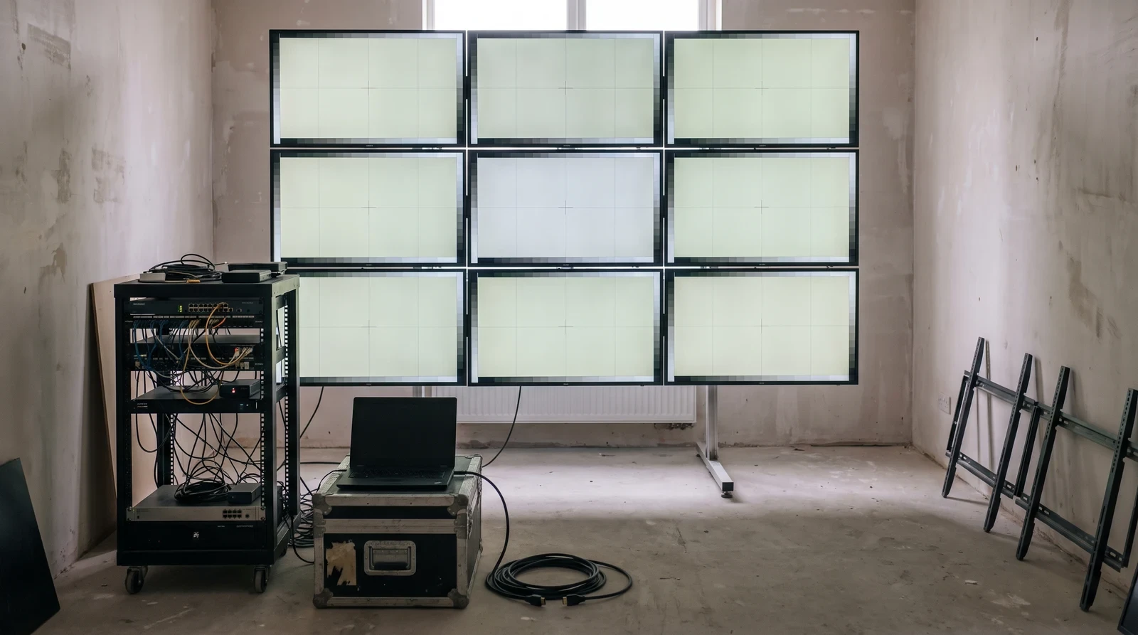 Nine-screen tiled video wall being commissioned in an AV room, alignment test patterns on each panel beside an equipment rack, laptop and spare display brackets