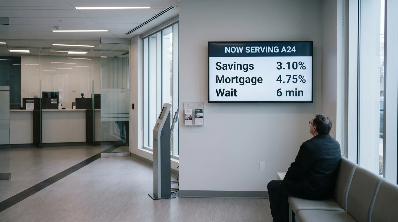 Bank branch waiting area with digital screen showing the queue number now serving alongside savings and mortgage rates