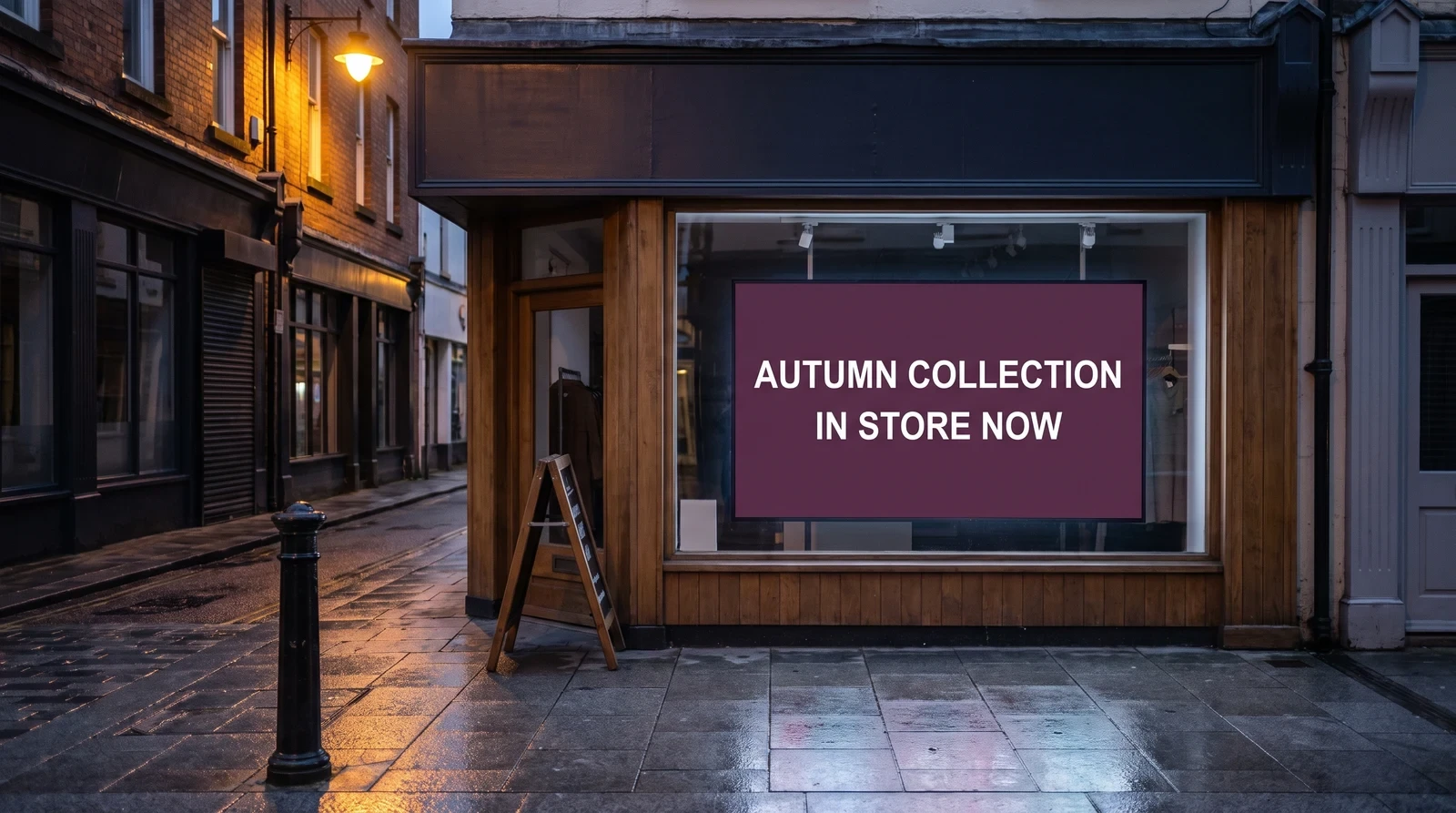 Independent shopfront at dusk with a bright digital window screen showing a seasonal collection campaign