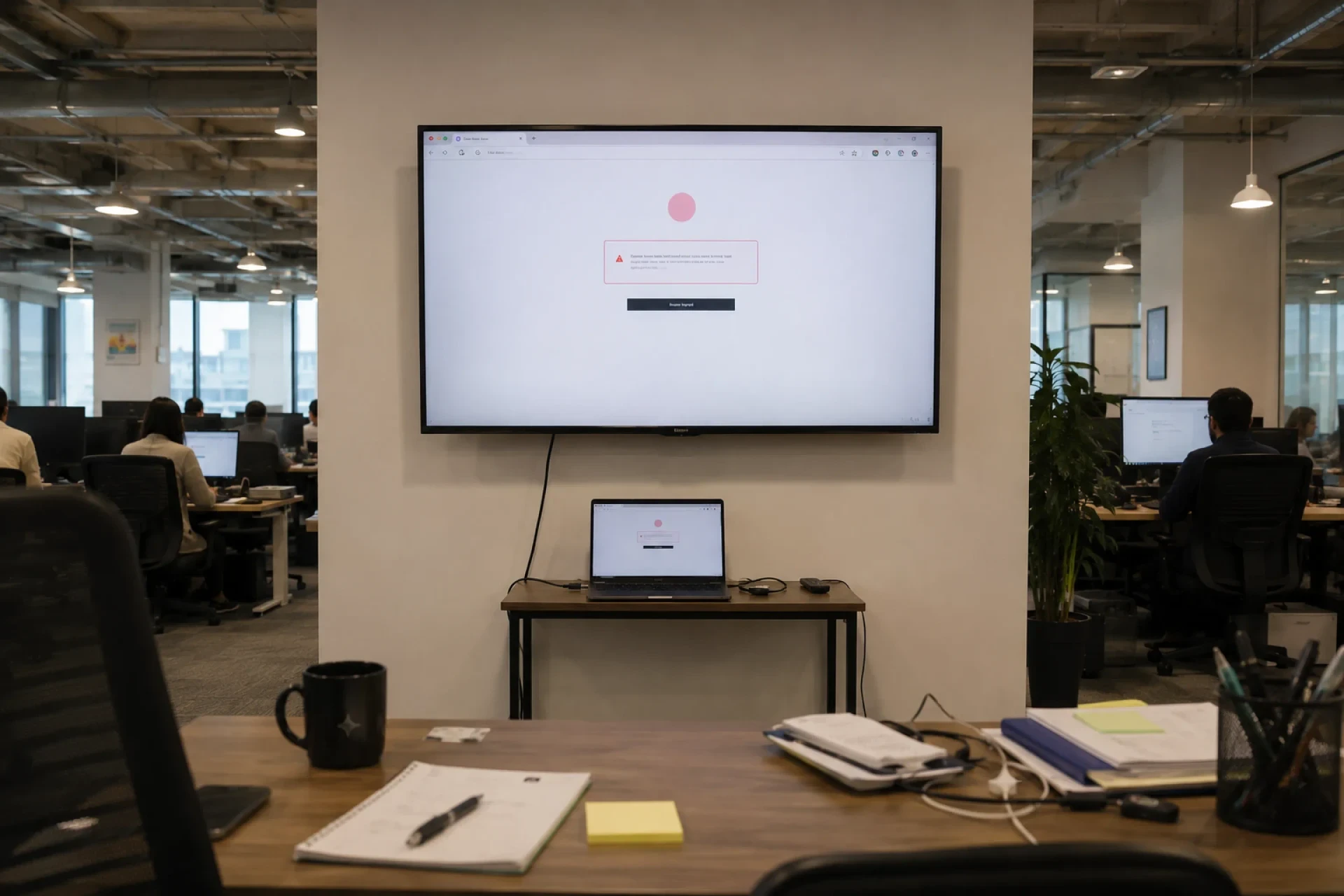 Laptop wired into a wall-mounted TV displaying a broken Tableau dashboard view — the messy reality of casting dashboards without dedicated signage