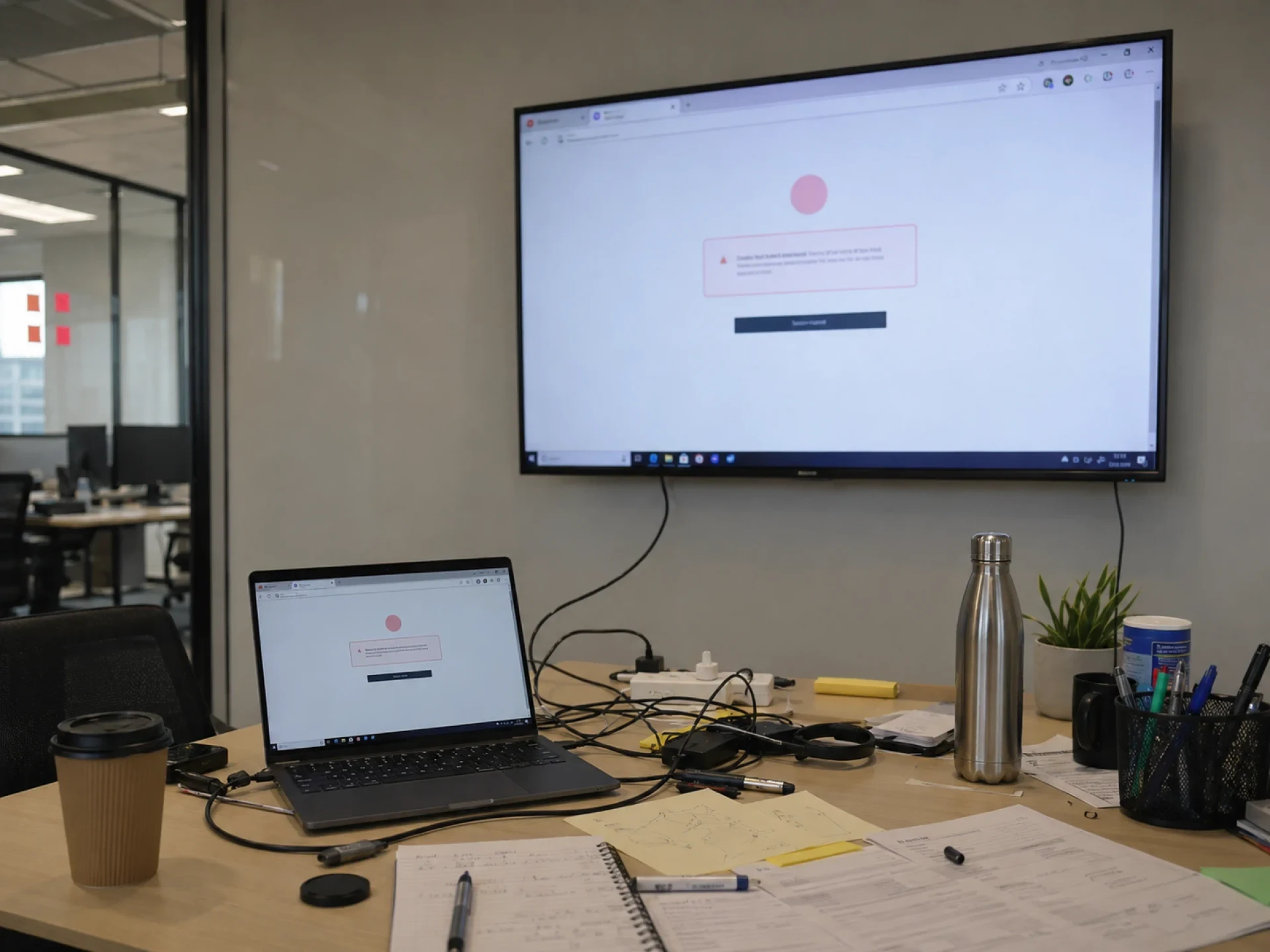 Laptop on a desk wired into a wall-mounted TV showing a Looker error/login modal — the casted-from-a-browser-tab workaround that breaks when the session expires or Chrome falls out of support