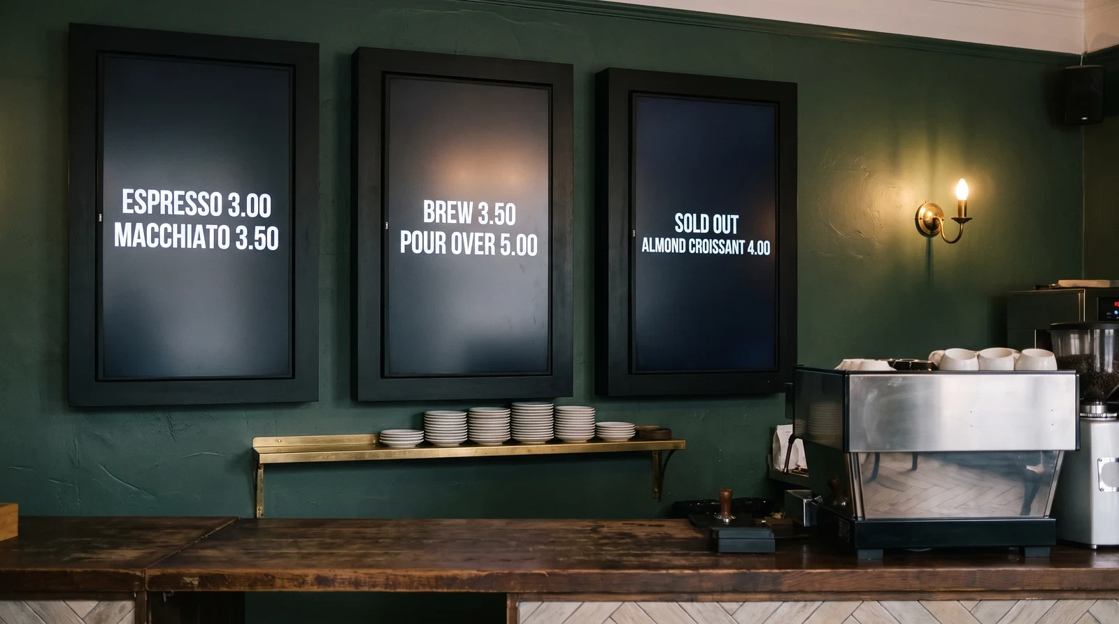 Three portrait digital menu screens behind a cafe counter showing drink prices and a sold-out pastry