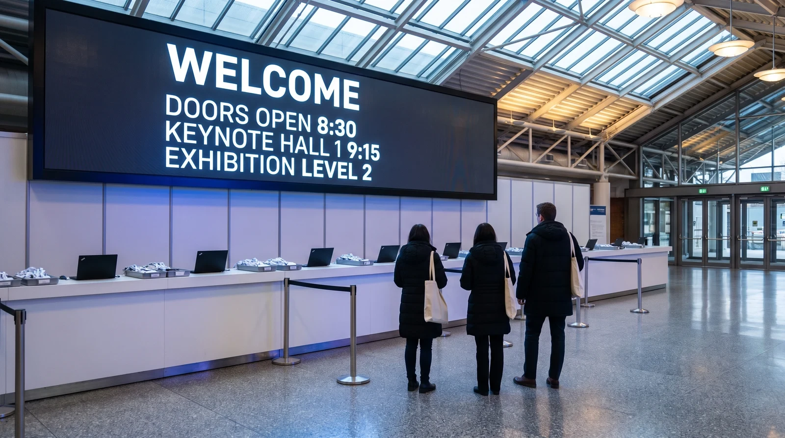 Conference centre registration concourse with a large welcome screen showing door times and keynote hall details above the check-in desks