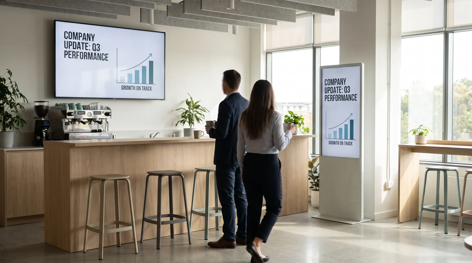 Corporate office breakout area where a wall display and a portrait totem screen both play the same company update