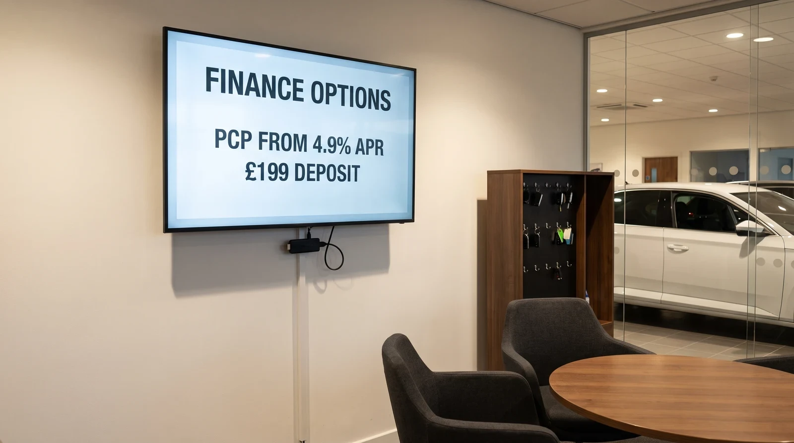 Wall-mounted commercial display driven by a small media player stick, showing finance options in a dealership handover and consultation area