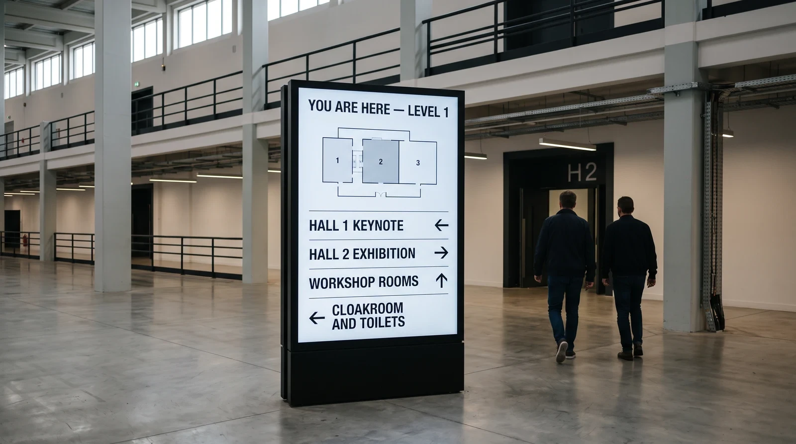 Freestanding Philips professional display running wayfinding signage in an exhibition centre concourse
