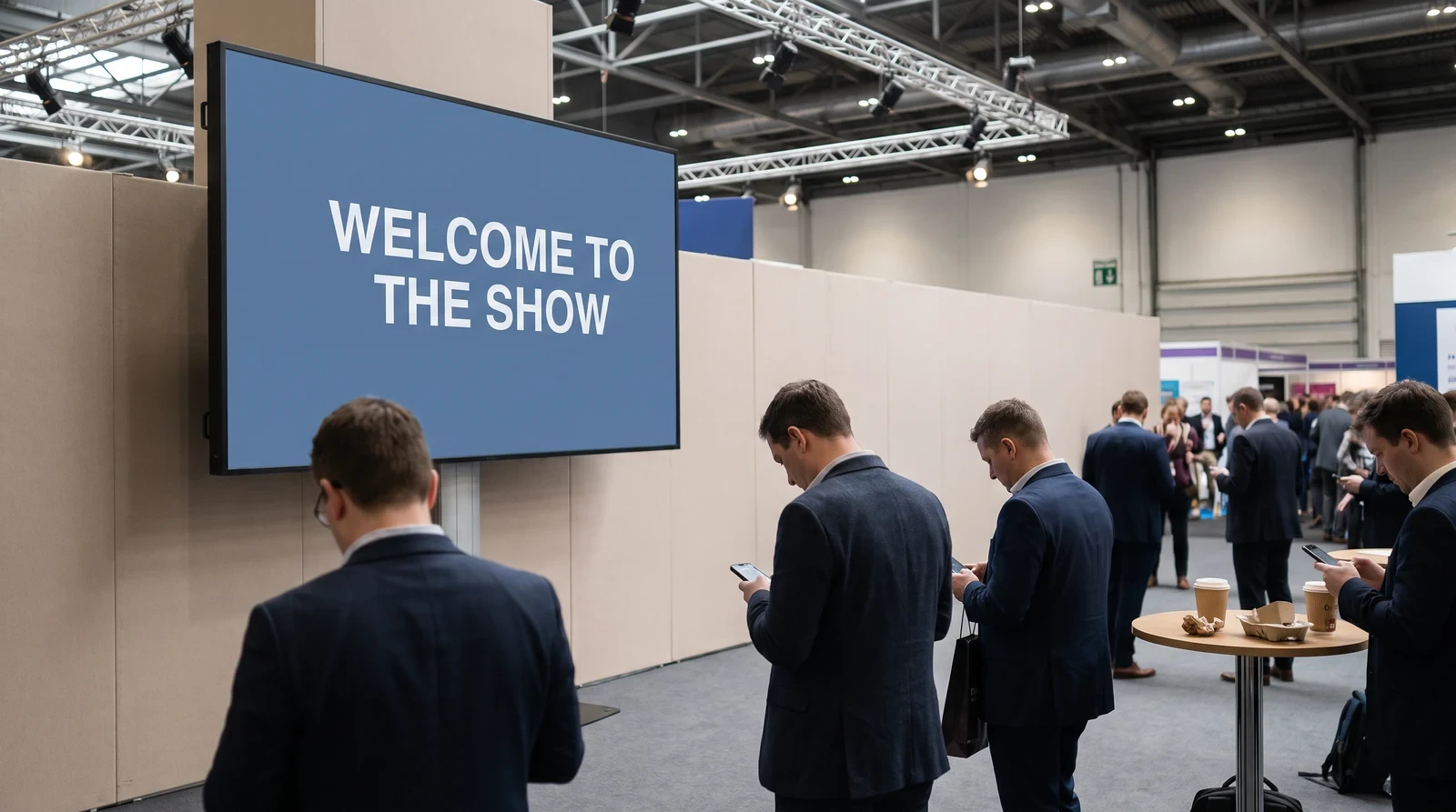 Trade show exhibition foyer where a wall-mounted screen loops a static “Welcome to the show” slide while attendees stand beside it scrolling their phones