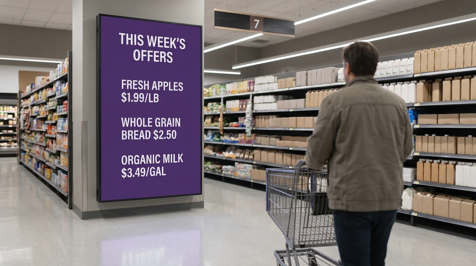 Supermarket aisle end-cap screen displaying this week’s offers with product names and prices