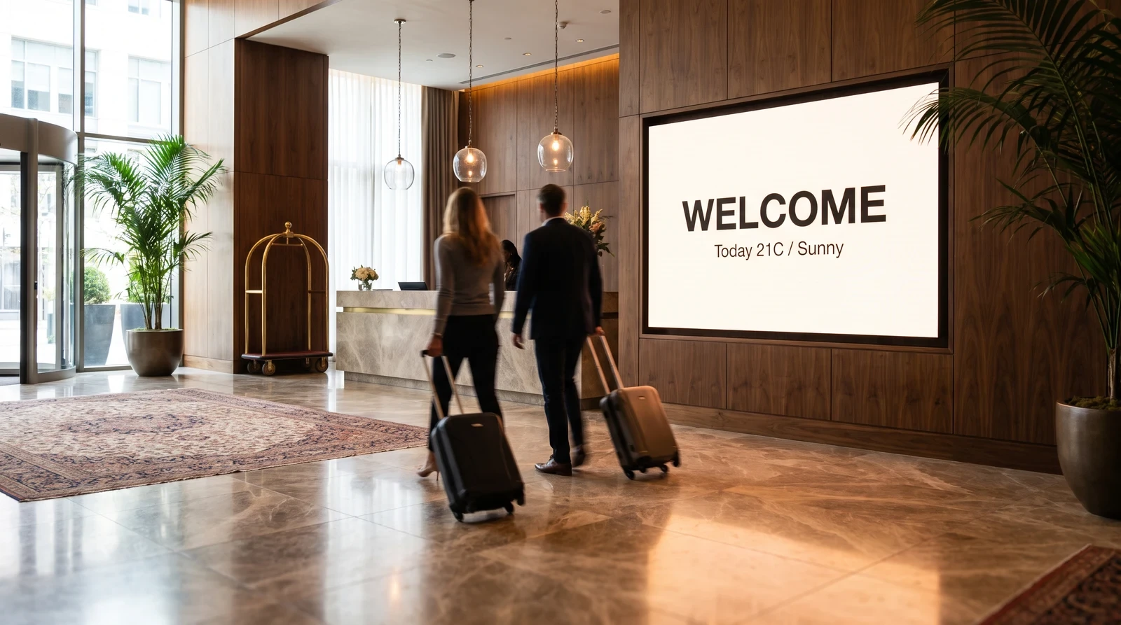 Hotel lobby with a large digital signage screen showing a guest welcome message and local weather as guests arrive at reception