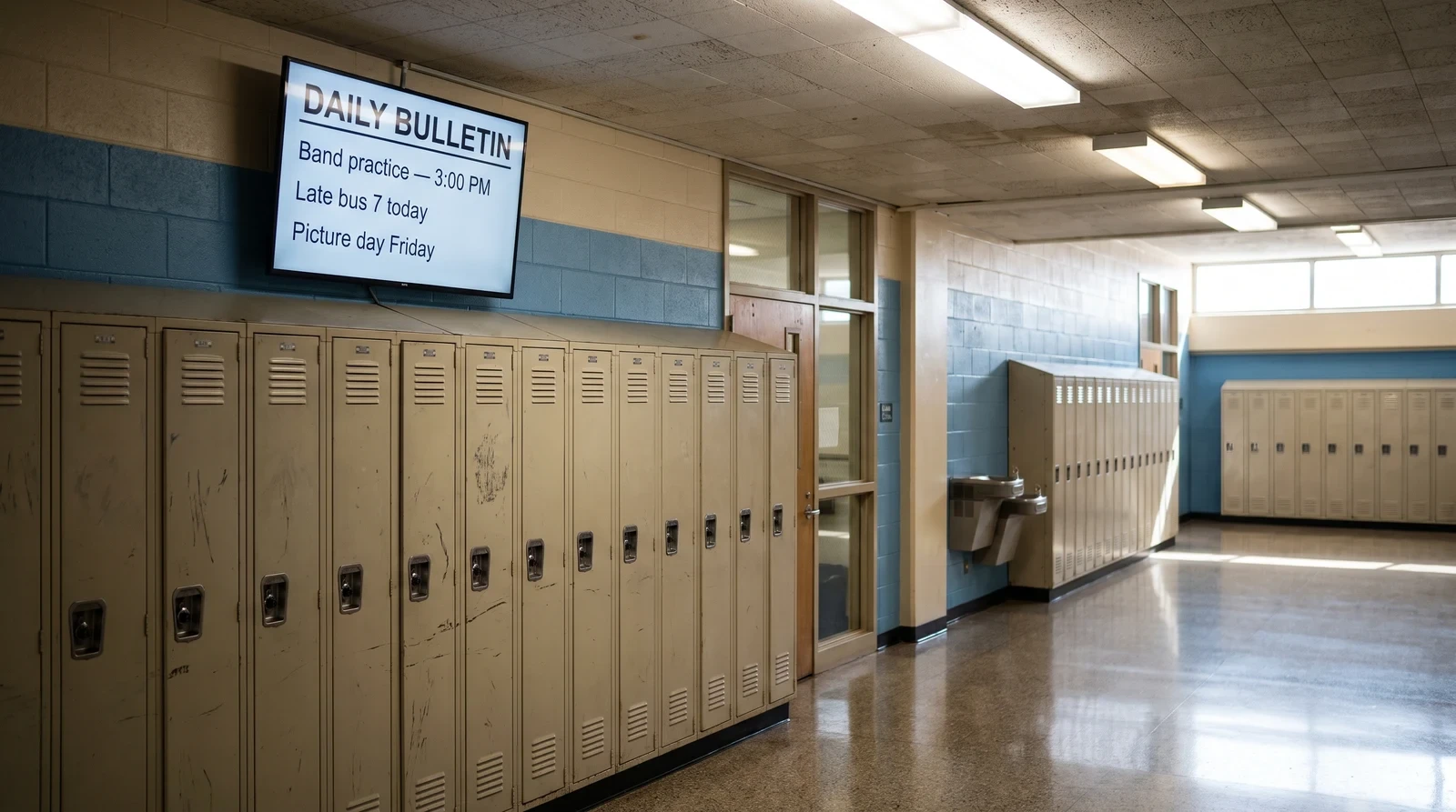 Screen above the lockers in a school corridor showing a daily bulletin, running on a compact Raspberry Pi player