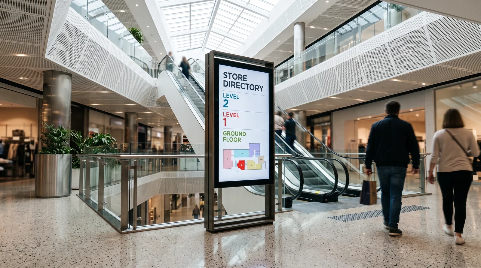 Shopping centre atrium with a freestanding digital store directory pylon beside the escalators
