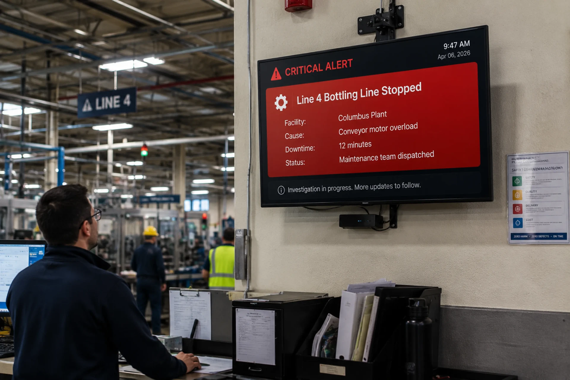 Plant floor screen showing a critical alert about a stopped bottling line, generated by a system rather than written by a person