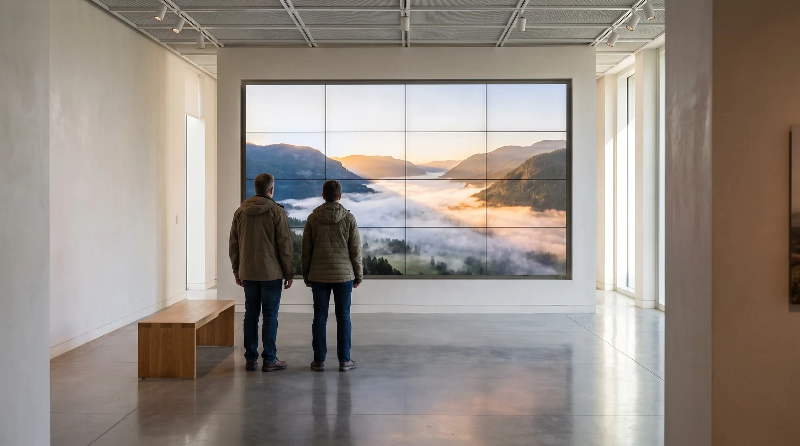 Museum gallery feature wall built from sixteen tiled screens showing one continuous mountain valley image, with two visitors looking on