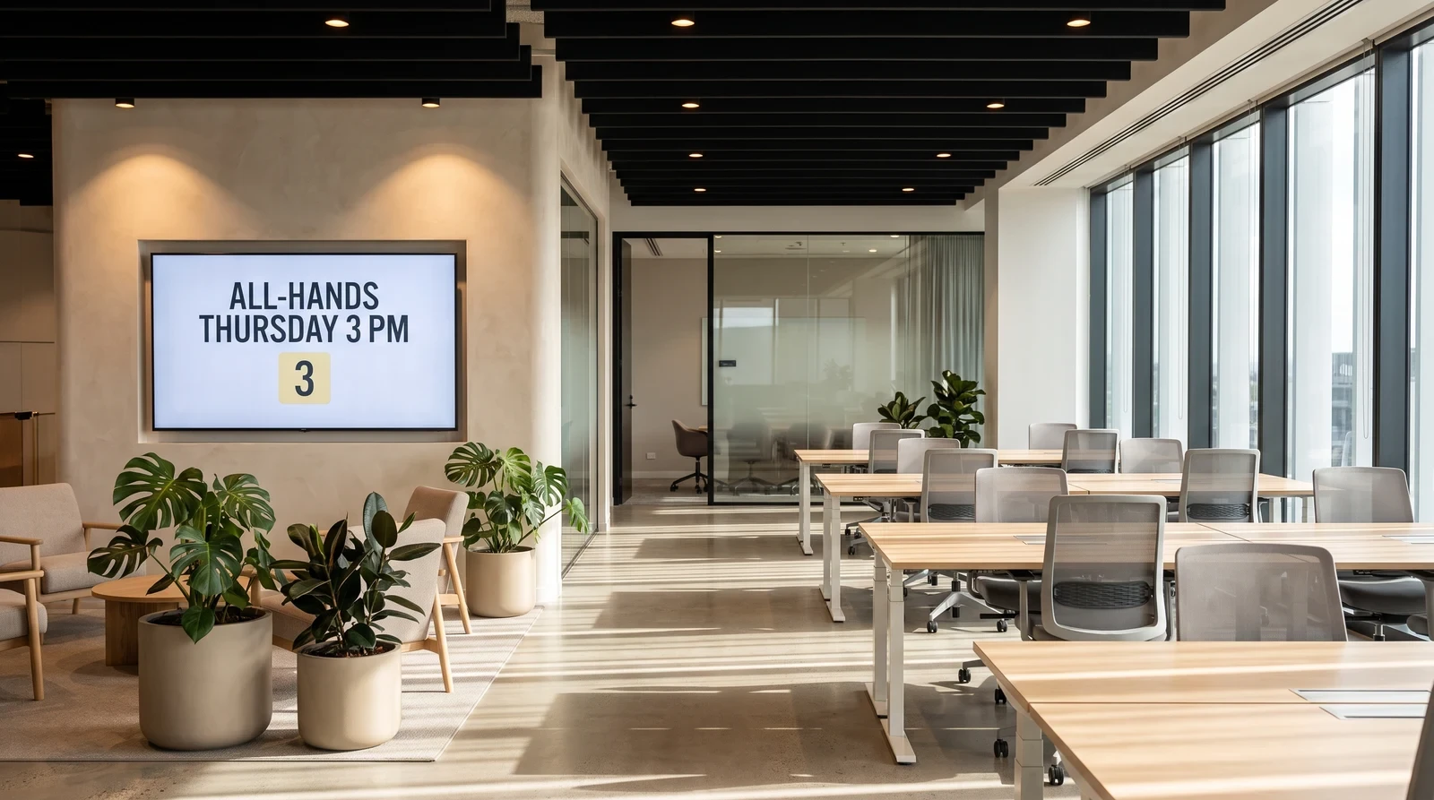 Modern open-plan office with a wall-mounted digital signage screen displaying an all-hands meeting announcement