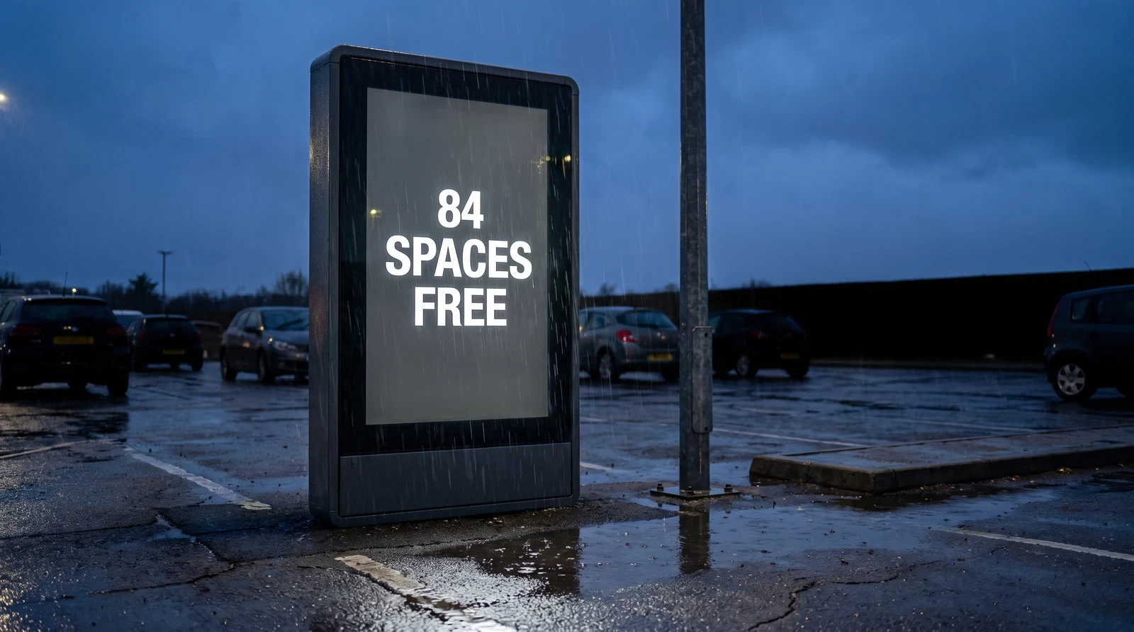 Weatherproof outdoor digital signage totem in a car park at dusk in heavy rain showing available spaces