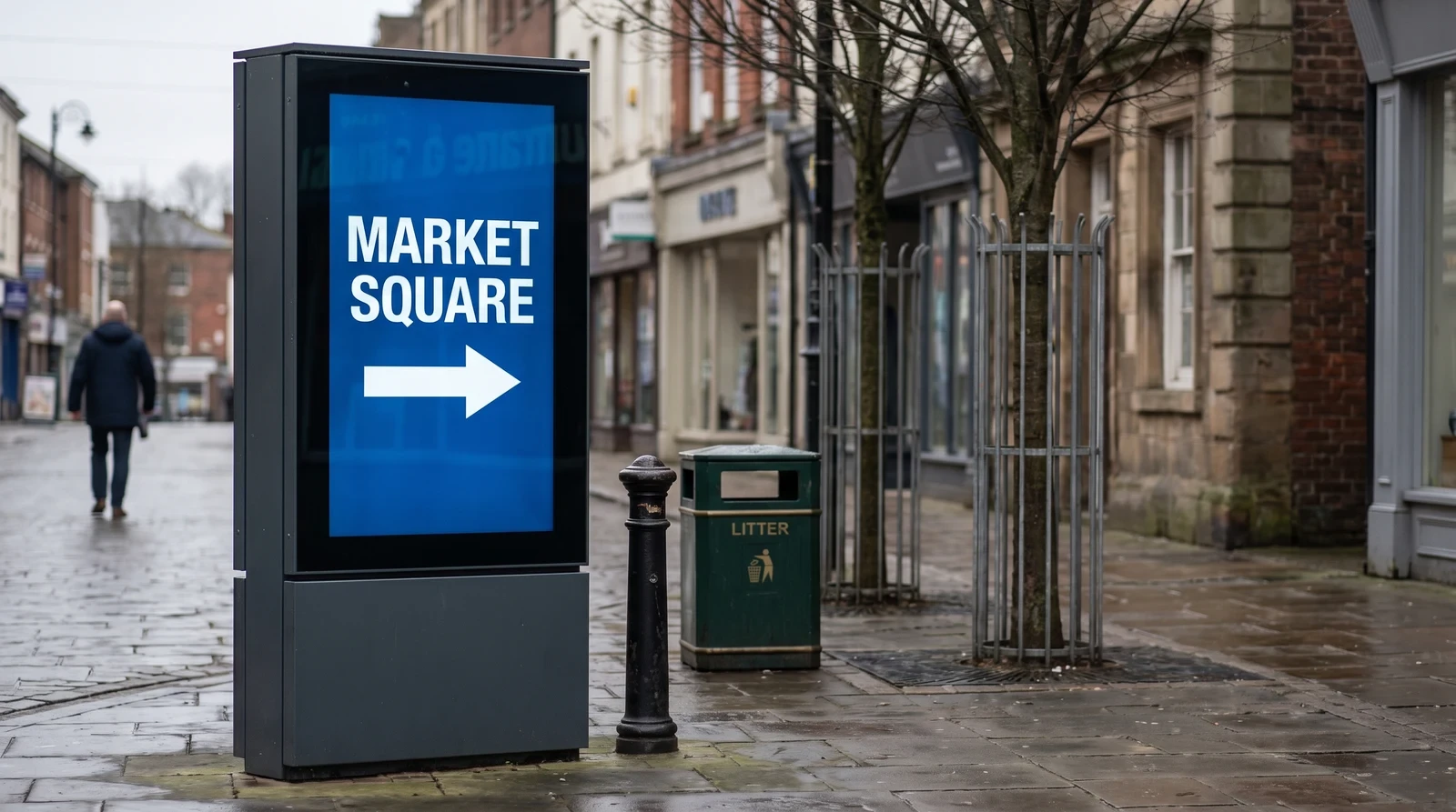 Weatherproof outdoor digital signage totem on a high street pavement showing a wayfinding message