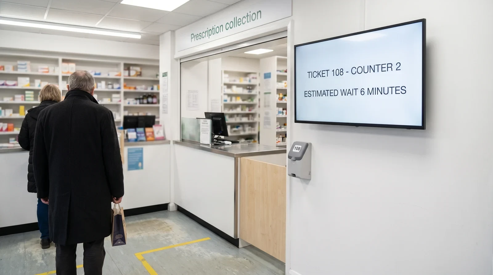 Pharmacy prescription collection point screen showing ticket number, counter and estimated wait time