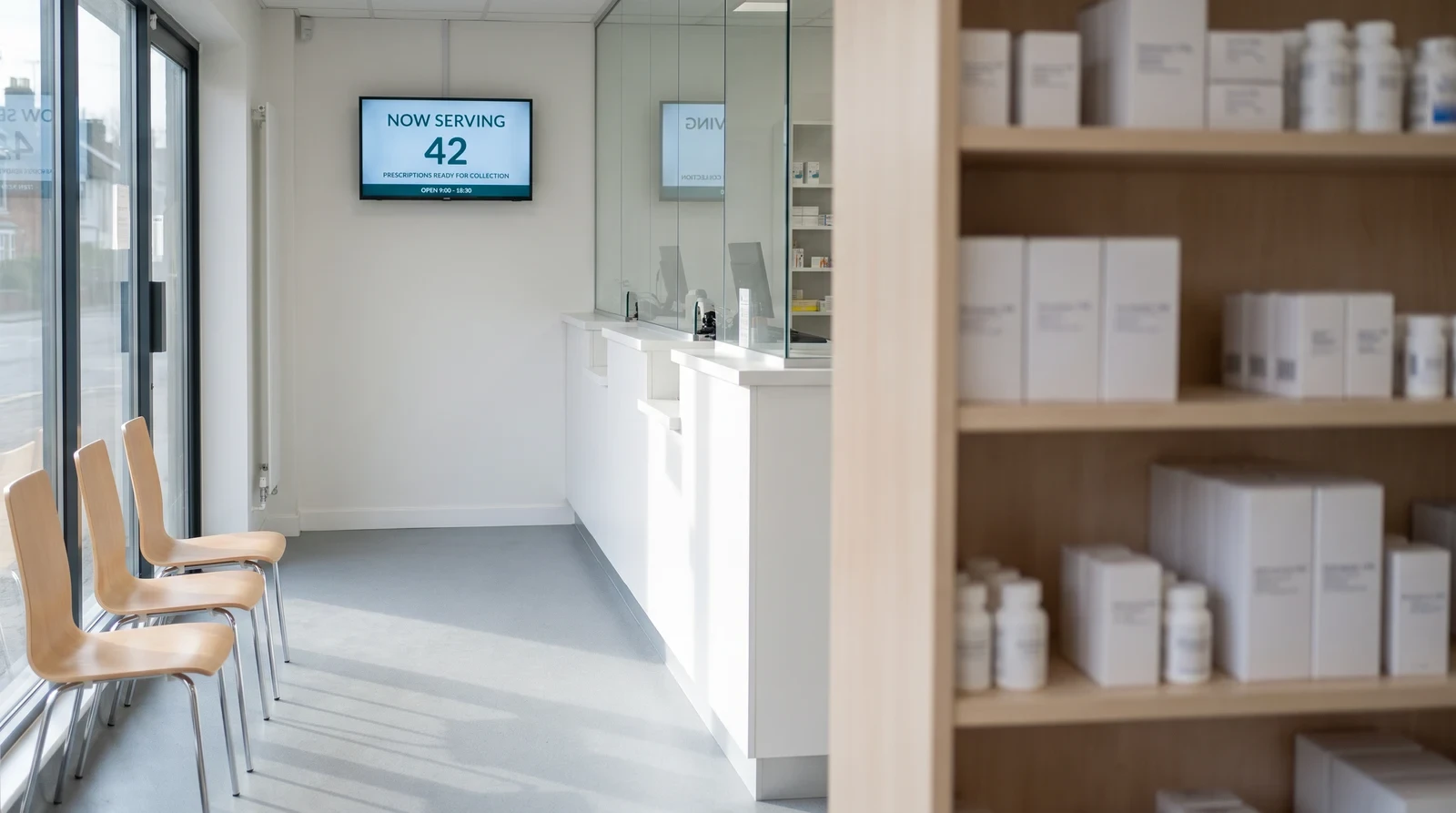 Pharmacy waiting area with a wall-mounted screen showing the number now being served and prescription collection information