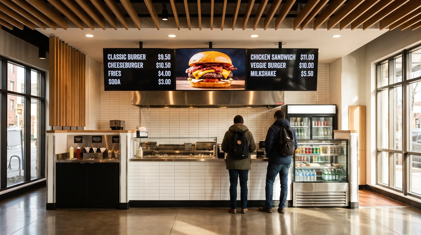 Modern restaurant with bright digital menu boards displaying food photography and pricing