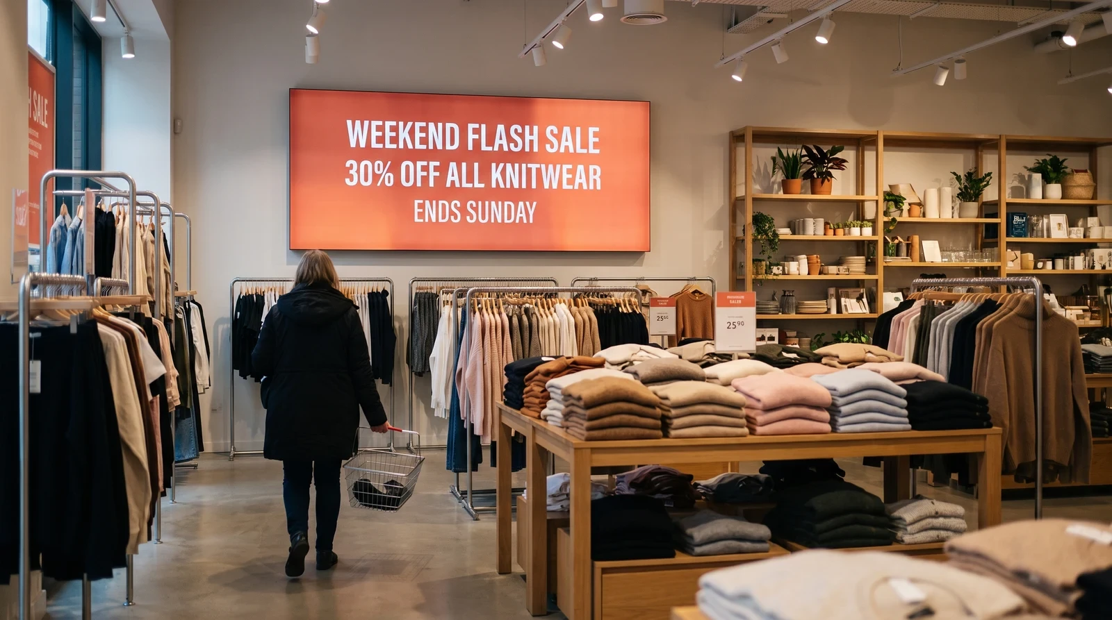 Wall-mounted screen in a clothing store aisle showing a weekend flash sale promotion