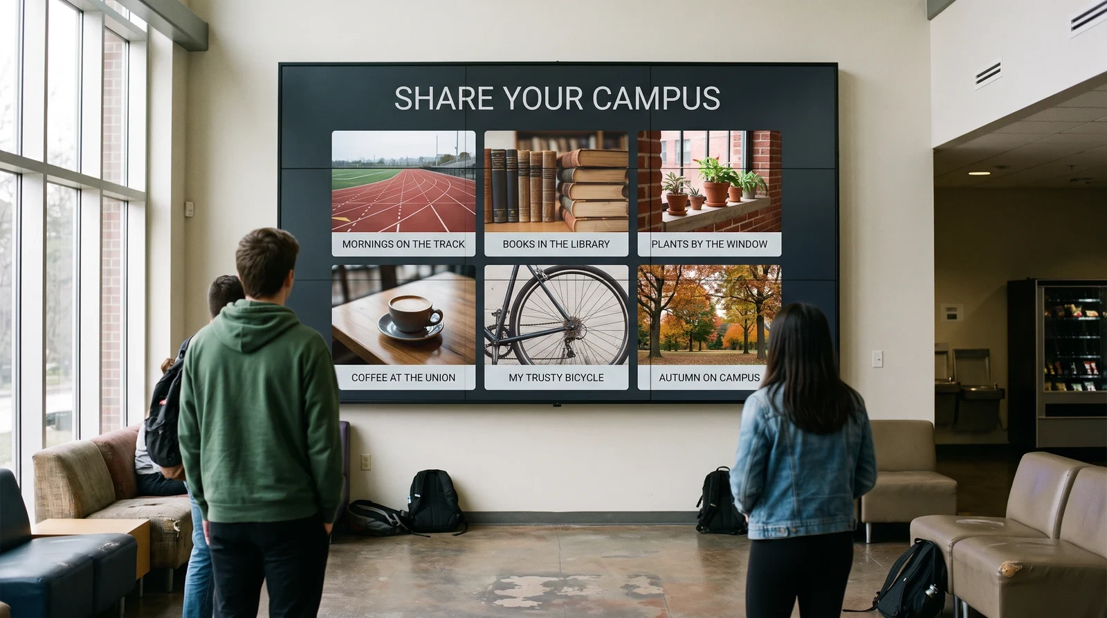 Students in a university union lounge watching a wall-mounted screen play a “Share your campus” social wall of community photos