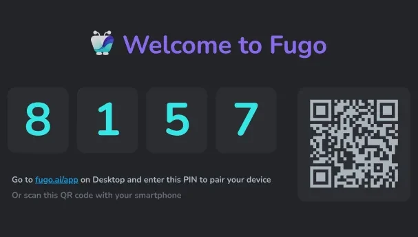 Fugo pairing screen showing a PIN and QR code