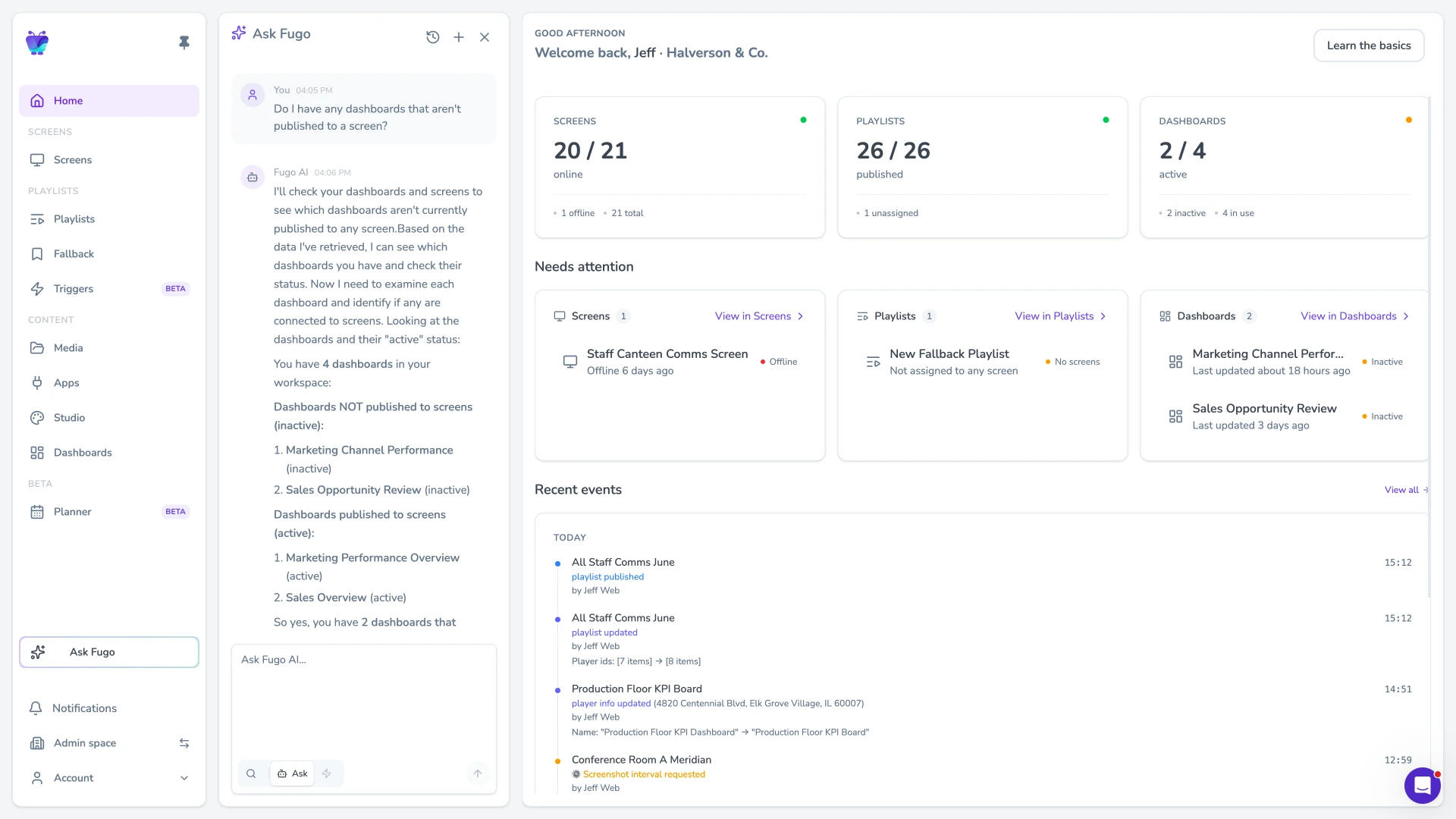 Ask Fugo AI chat sidebar showing a natural language query about screens