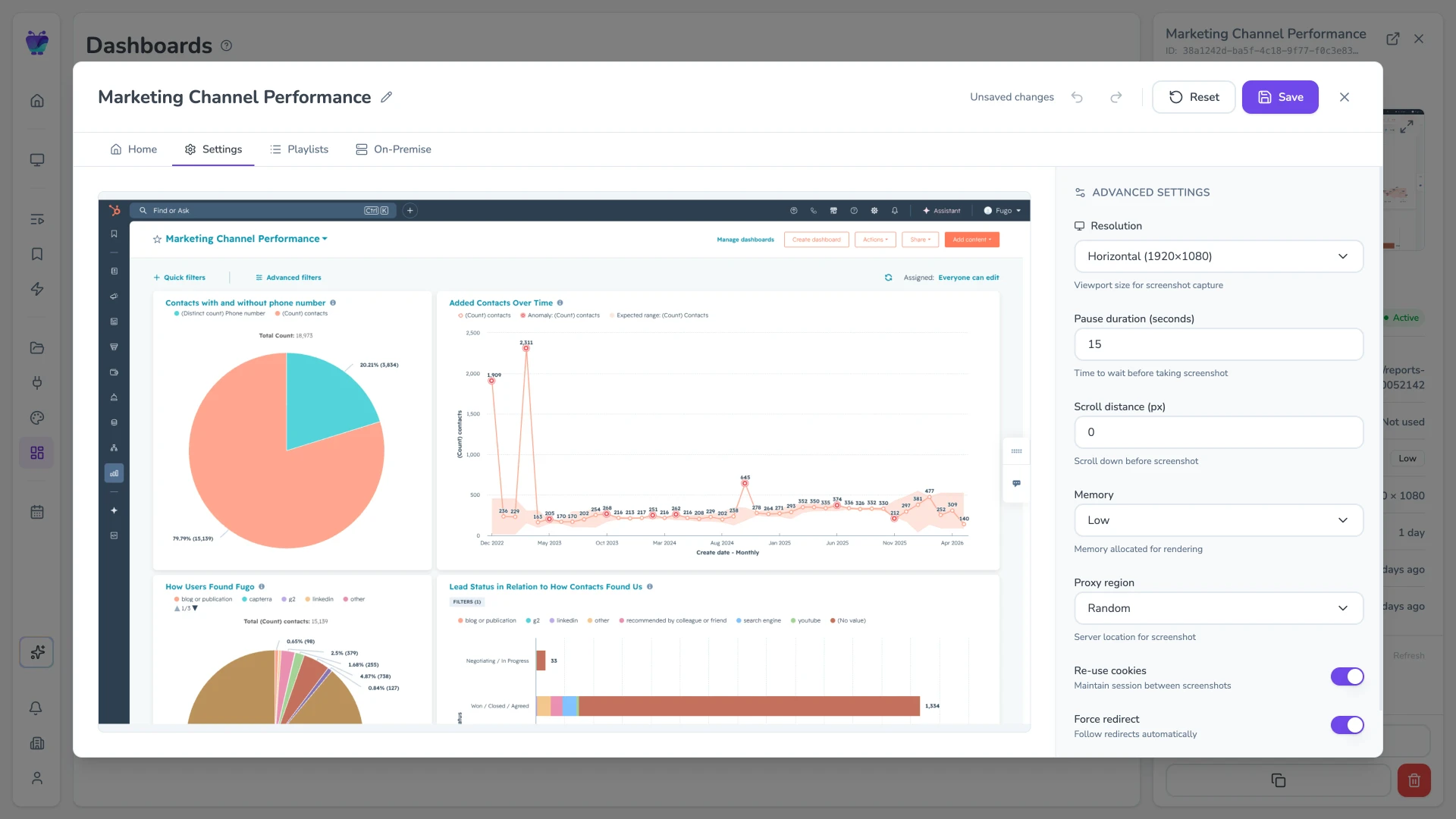 Fugo dashboard edit modal with a connected dashboard open and settings panel visible