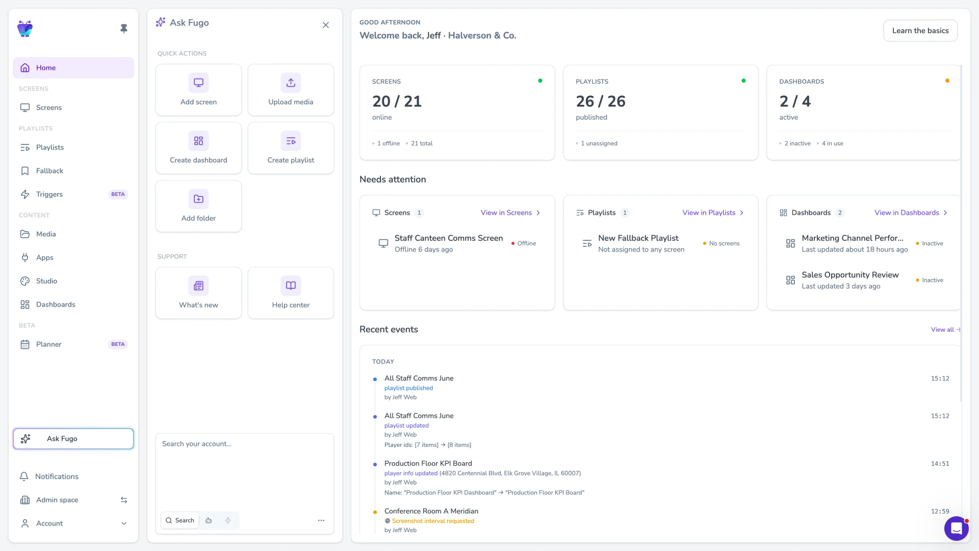 Fugo CMS with the Ask Fugo AI sidebar panel open and ready for a query