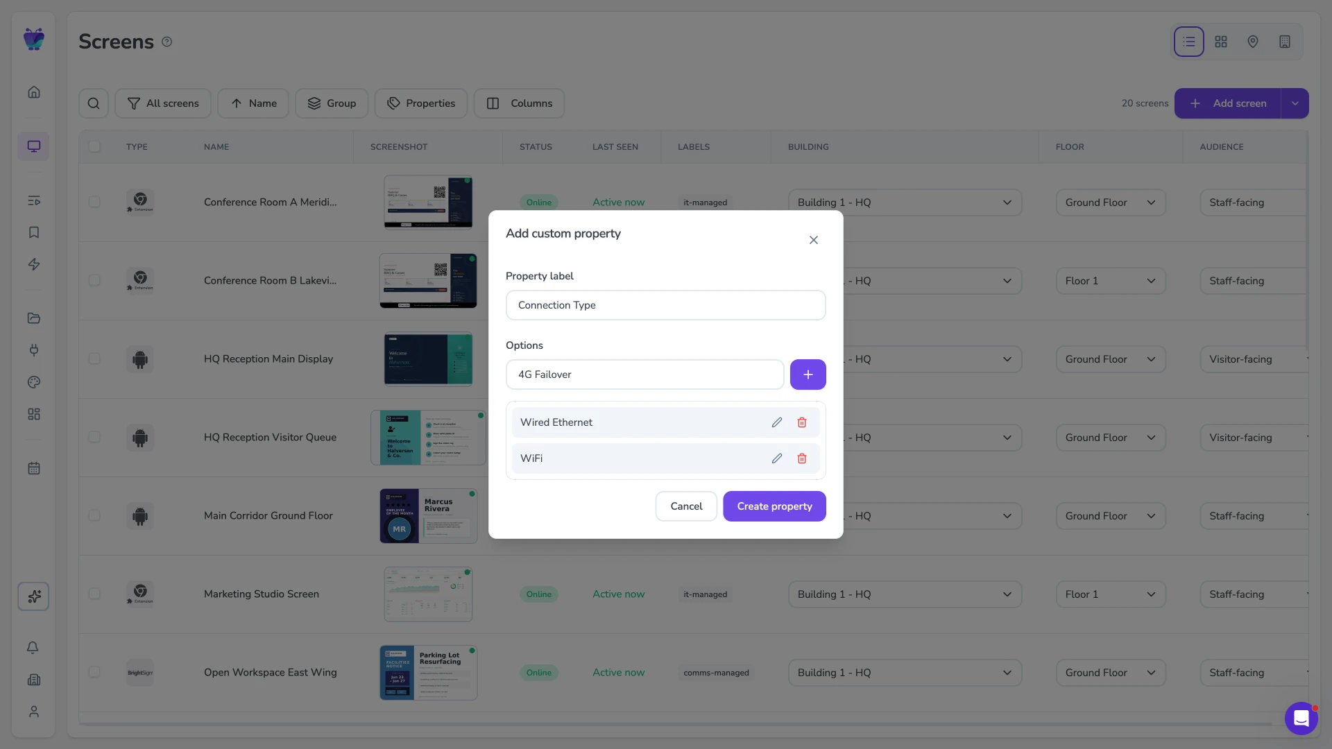 Custom property configuration modal for organizing screens