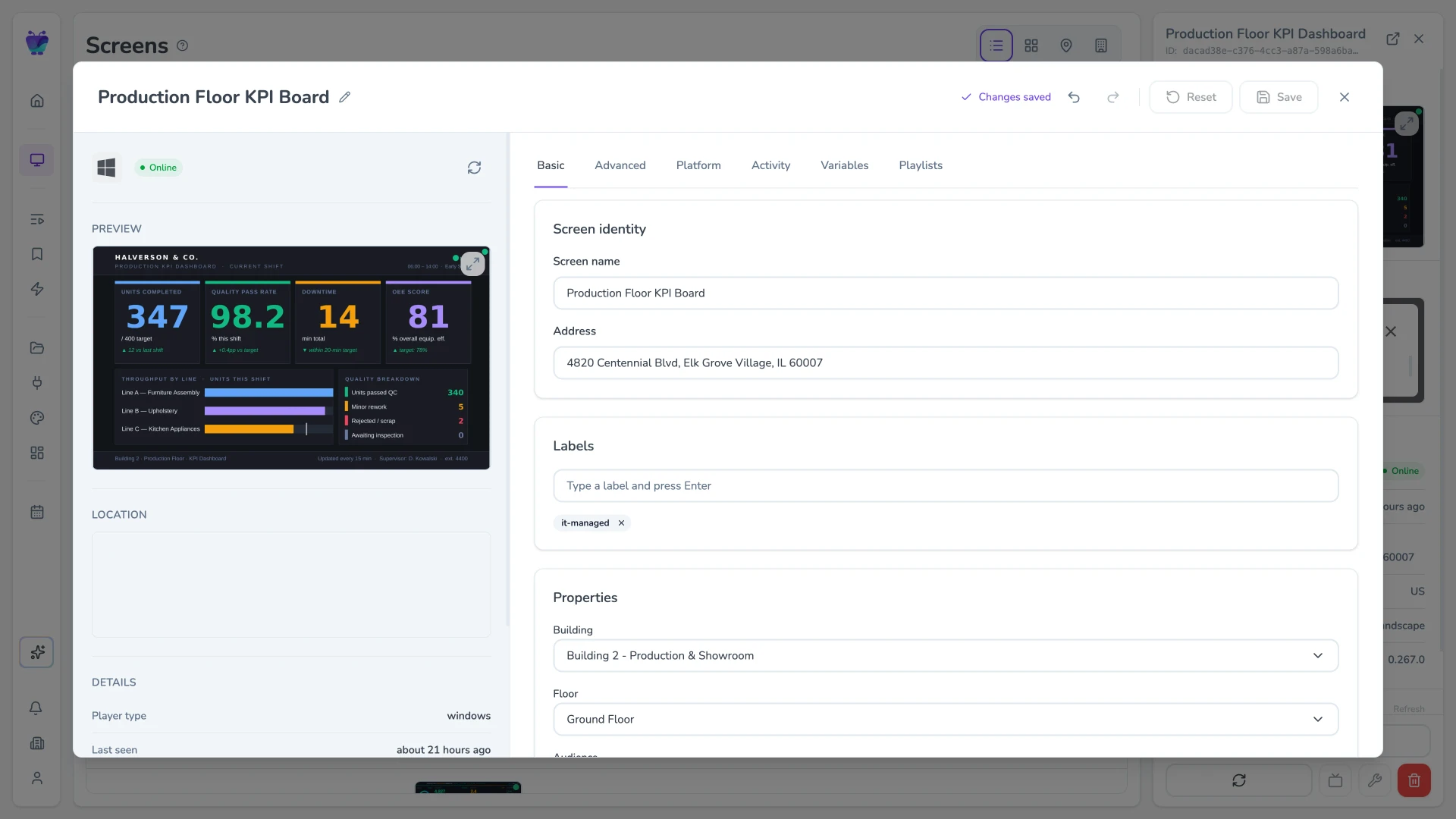 Fugo CMS screen settings basic tab showing screen identity and system details