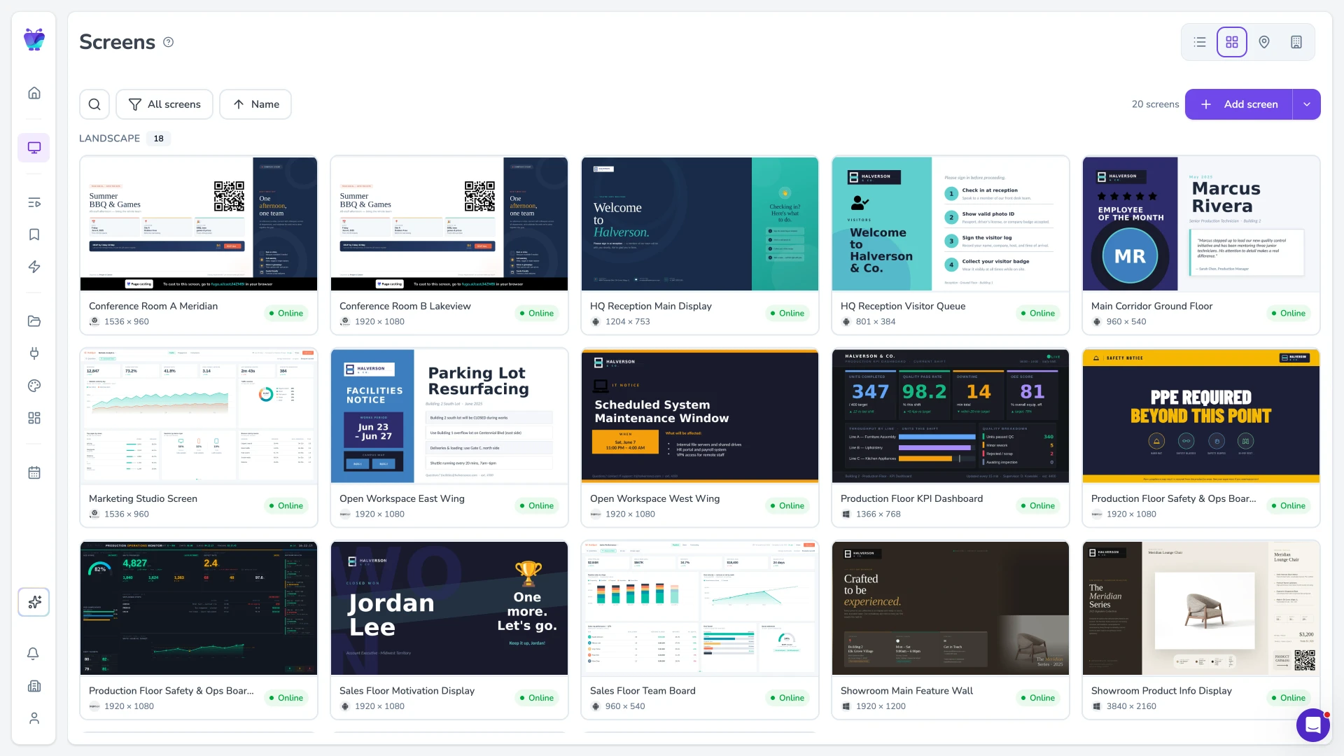 Screens page in grid view showing every screen at a glance