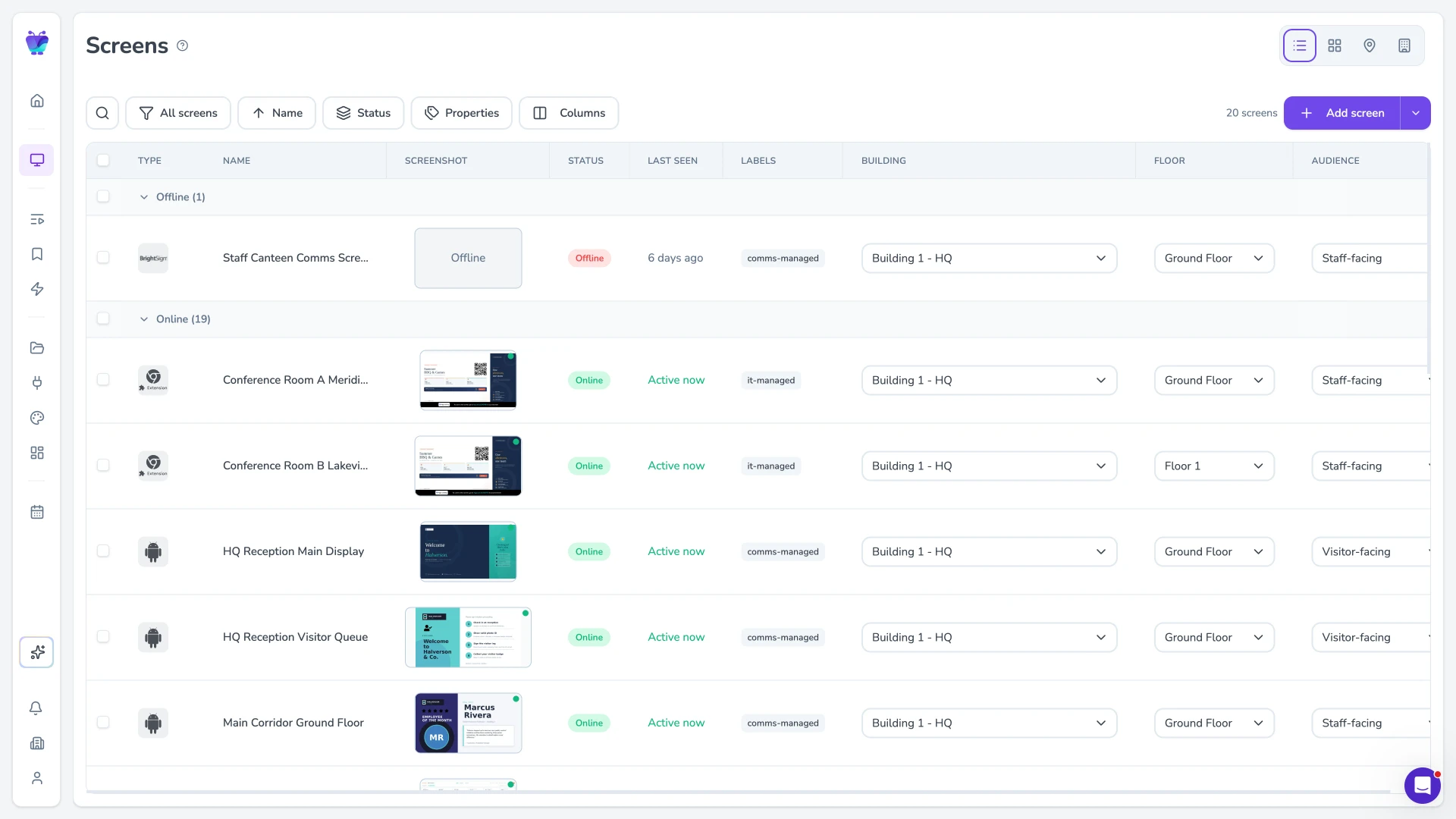 Screens grouped by online status for quick health monitoring