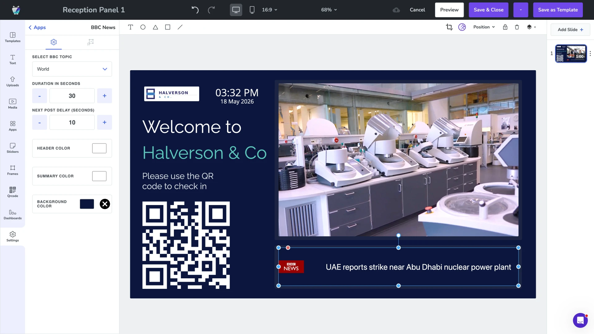 Fugo Design Studio with a multi-zone reception welcome screen on the canvas and the BBC News app settings panel open