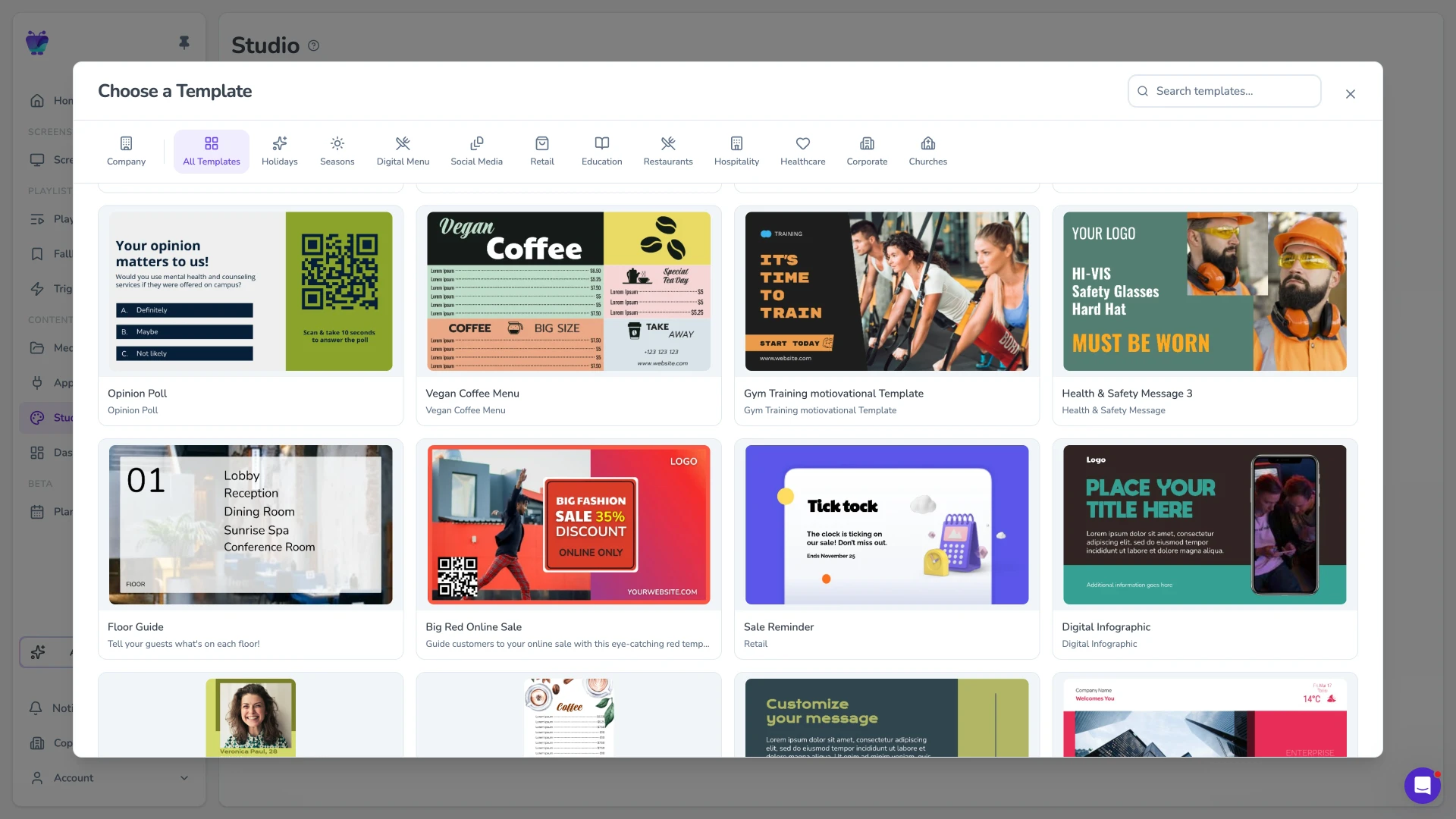 Fugo Design Studio templates modal showing industry-ready signage layouts