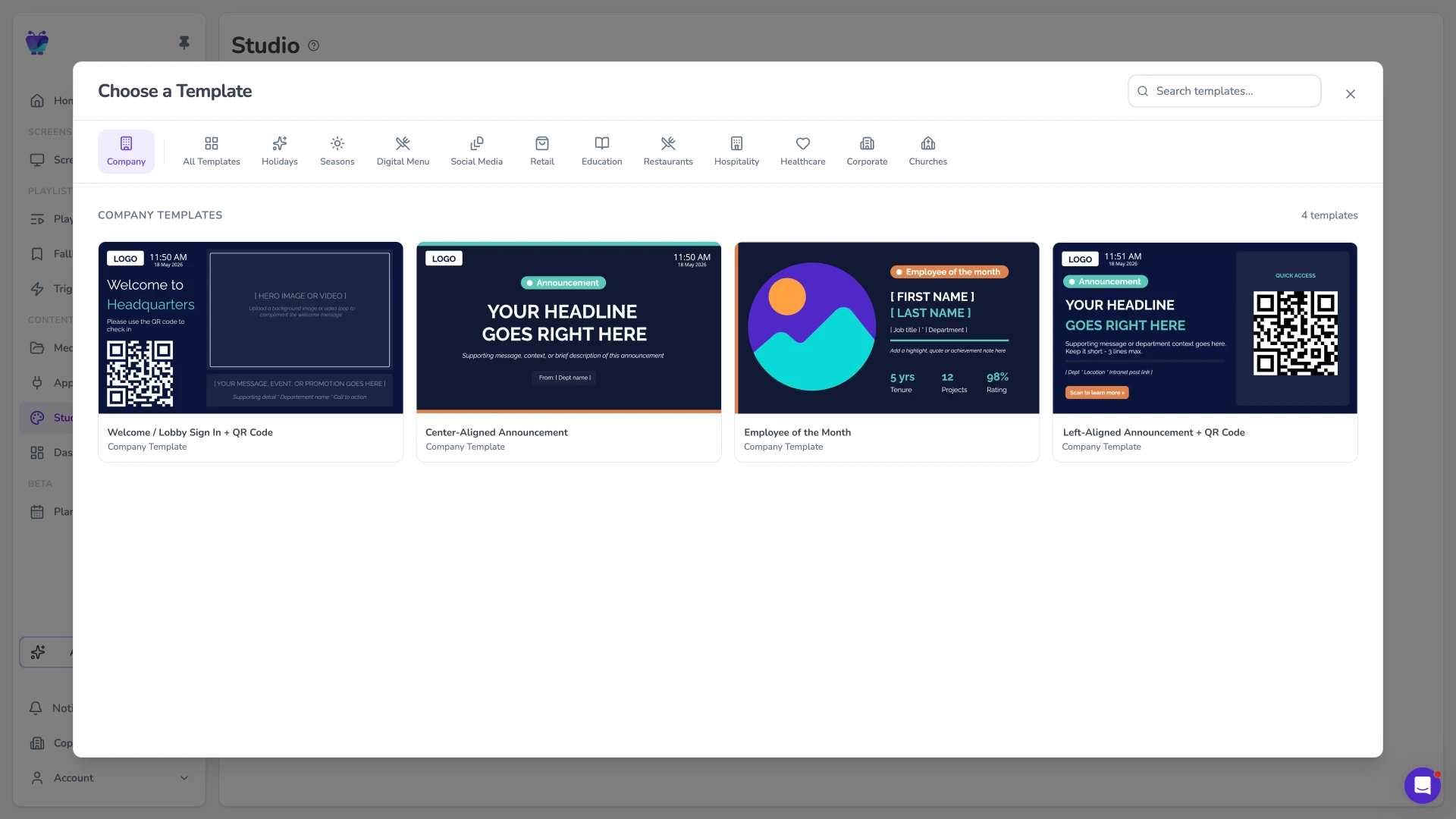 Fugo templates gallery showing company announcement and notice layouts