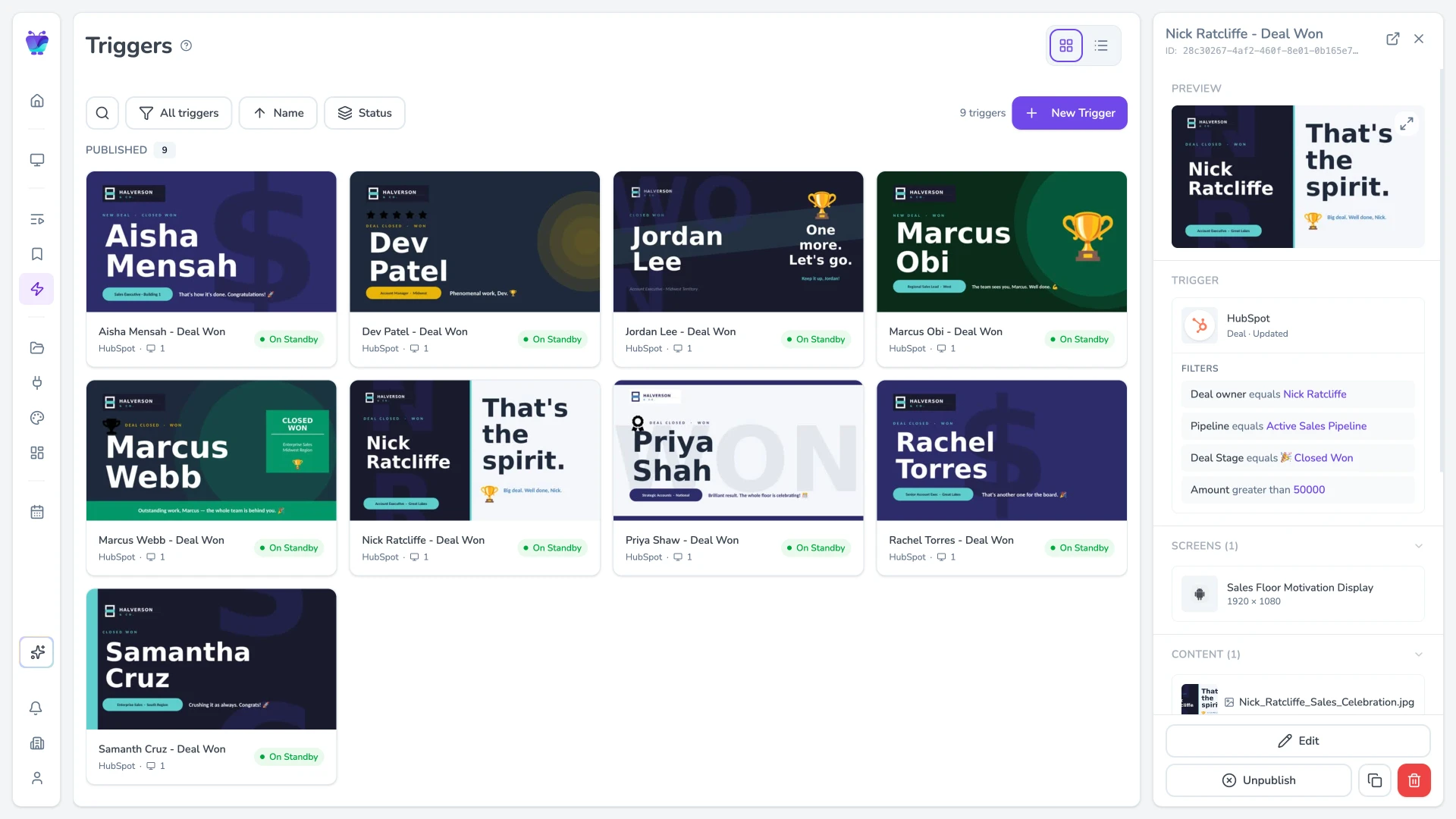 Fugo Triggers page with a HubSpot deal-won trigger expanded in the side panel showing filters, target screens and the celebration content it fires