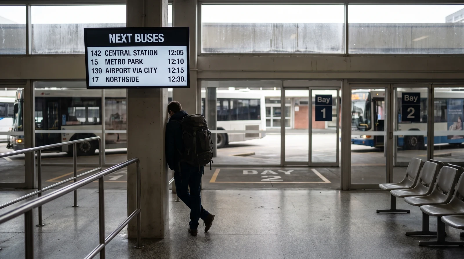 Digital timetable screen showing next departures above the boarding bays of a bus interchange