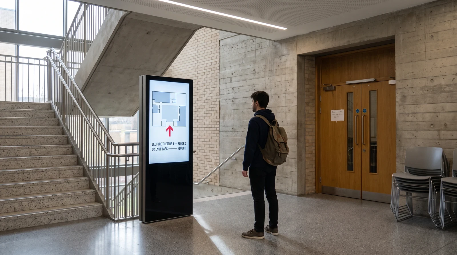 Campus entrance with a large digital directory showing a building map and department locations