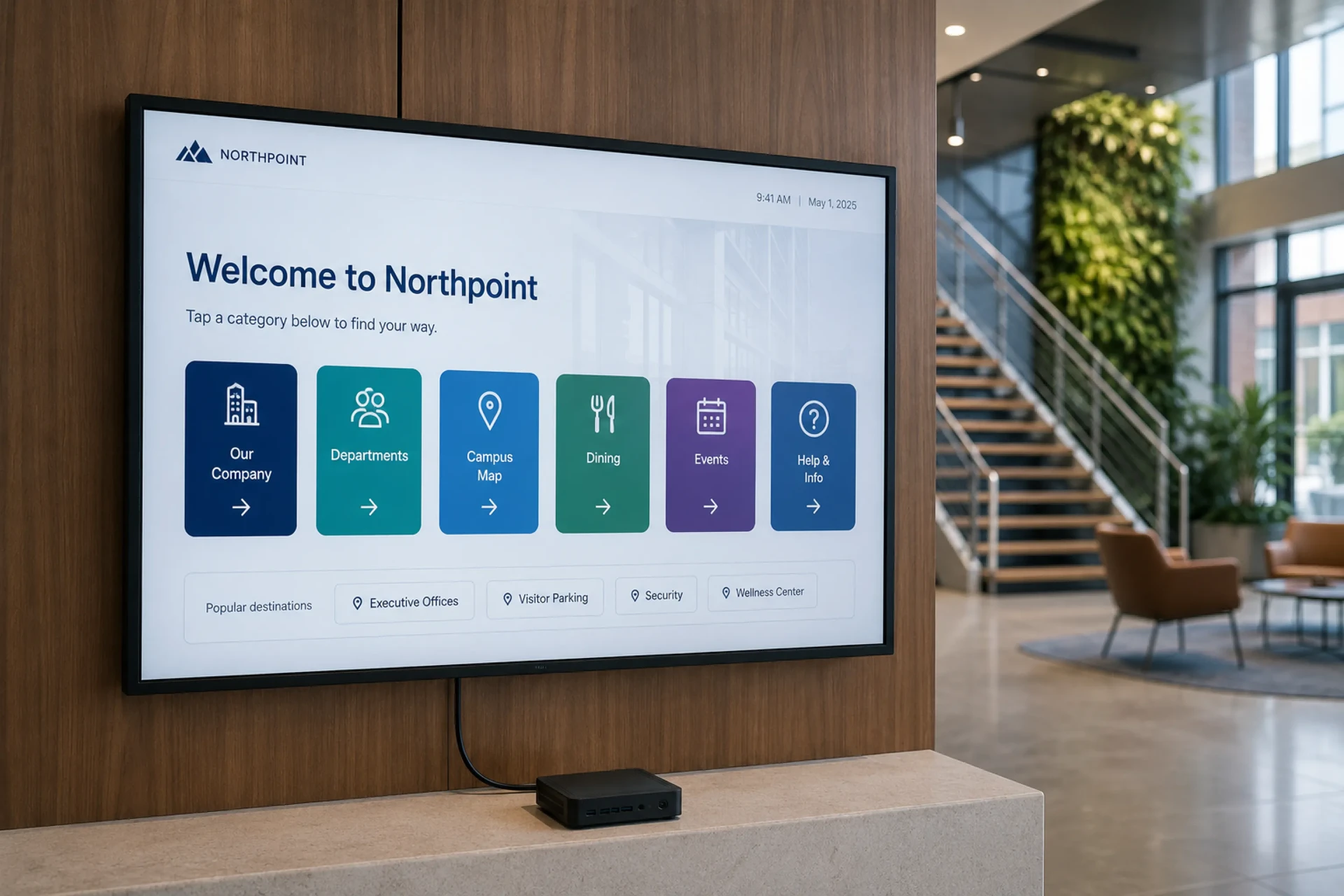 Modern open-plan office with digital signage screens displaying company KPIs and employee announcements
