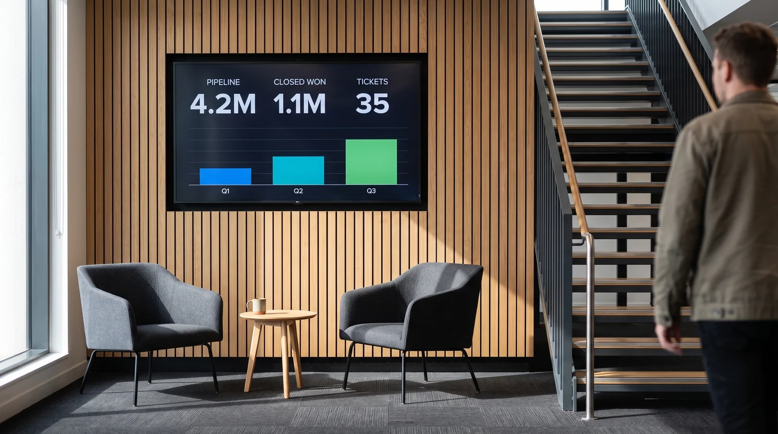 Screen on an office mezzanine breakout landing displaying a live KPI dashboard with headline figures and a bar chart