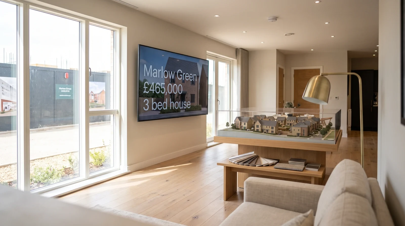 Residential development marketing suite with a wall-mounted screen showing a property listing photo, area name, price, and bed count beside an architectural scale model