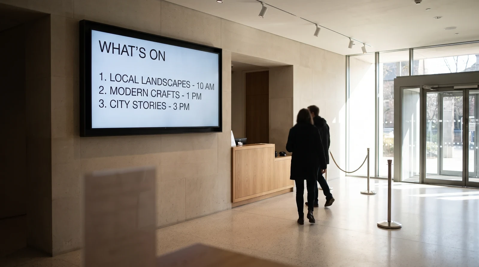 Wall-mounted screen showing a what’s-on board beside the ticket desk in a museum entrance atrium