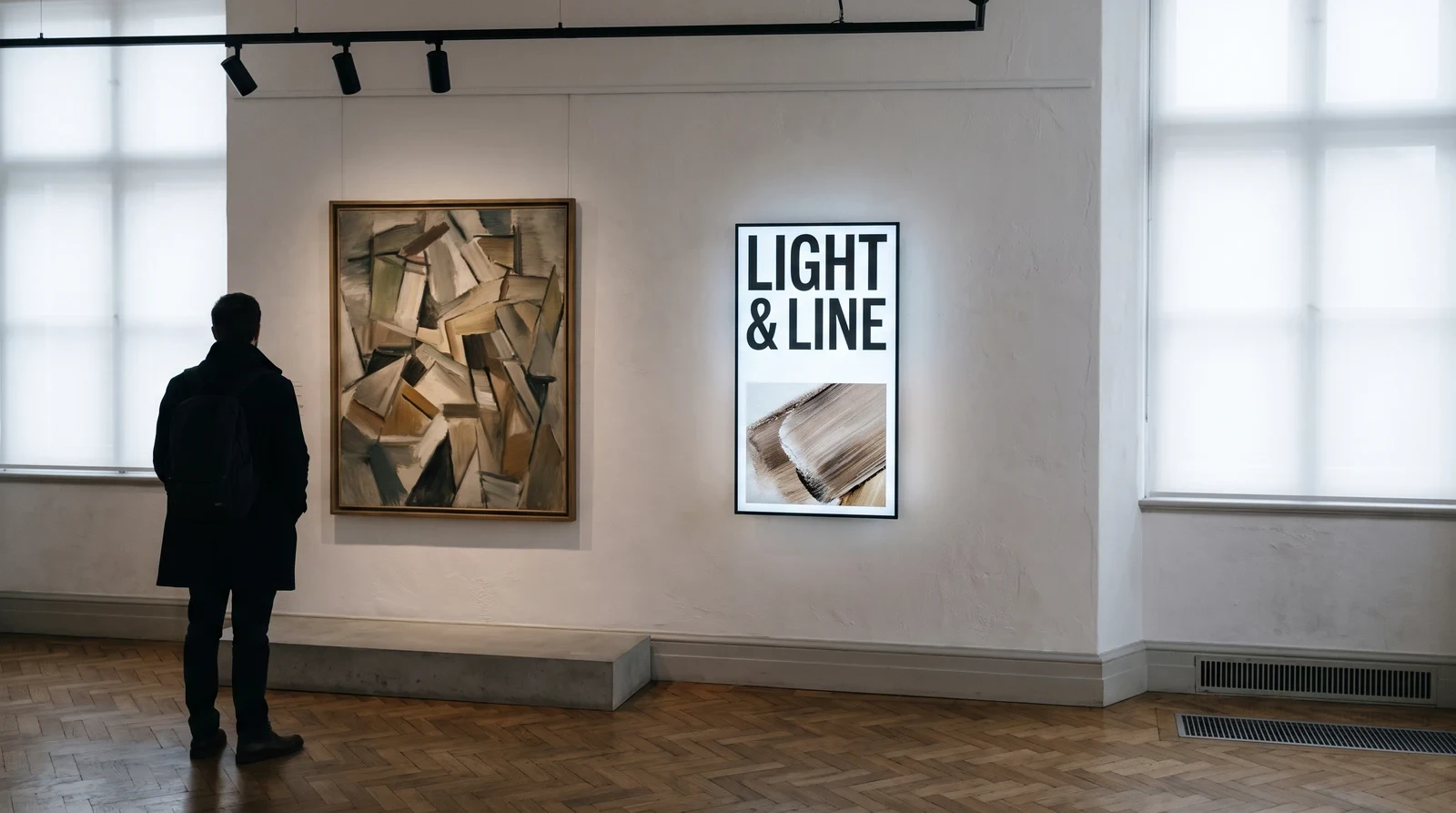 Wall-mounted screen displaying exhibit information beside a painting in a gallery room