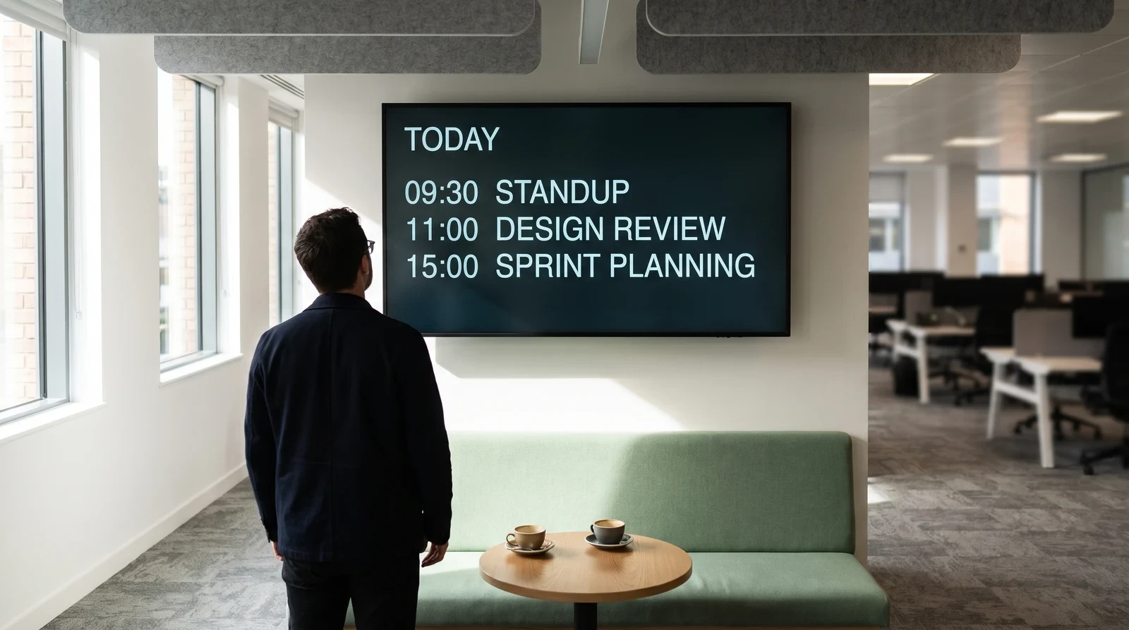 Colleague standing with their back to the camera in an office breakout corner, reading a wall-mounted screen that lists today’s standup, design review and sprint planning times