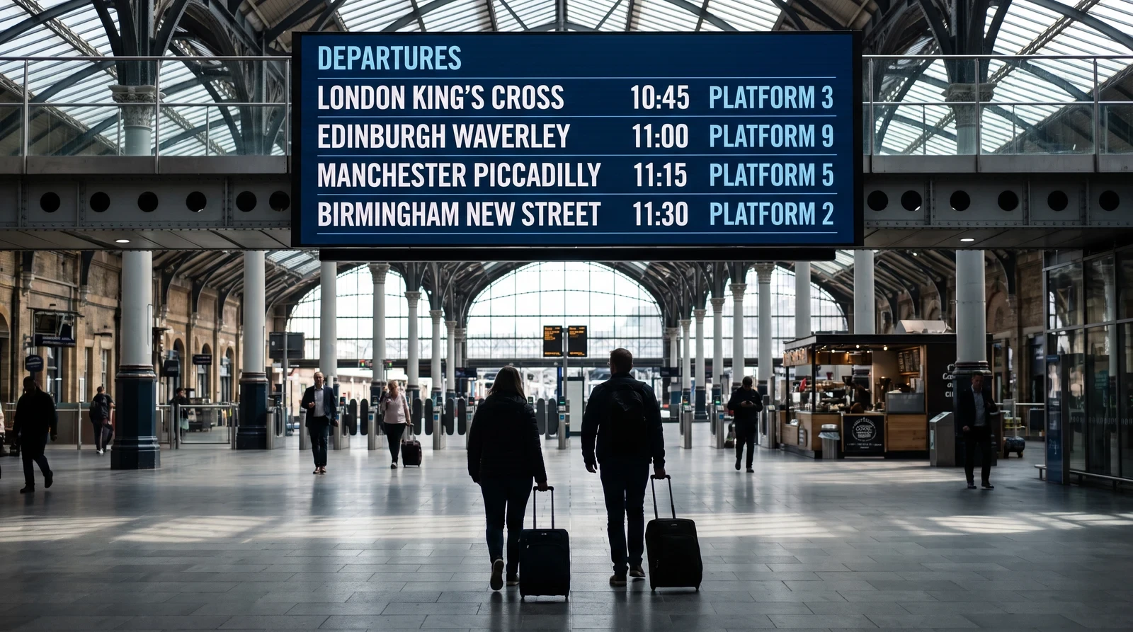 Travellers with suitcases crossing a rail station concourse beneath a large digital departures board