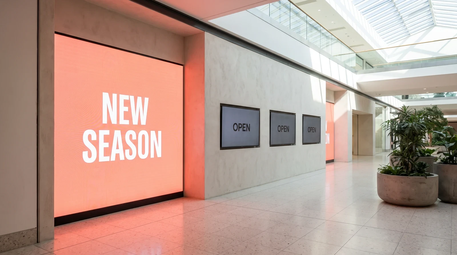 Android-powered LED wall and LCD screens running digital signage in a shopping centre