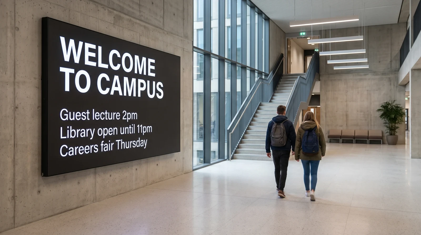 Large screen in a university teaching-building atrium welcoming students with the day’s campus announcements