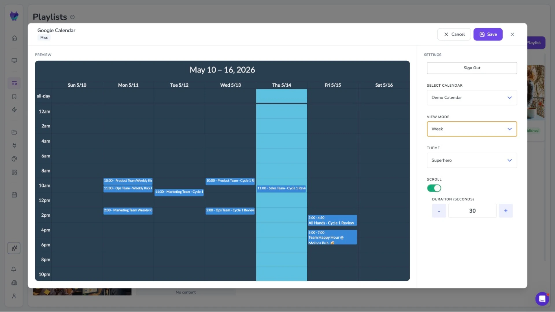 Fugo Google Calendar app settings connecting a calendar to a display